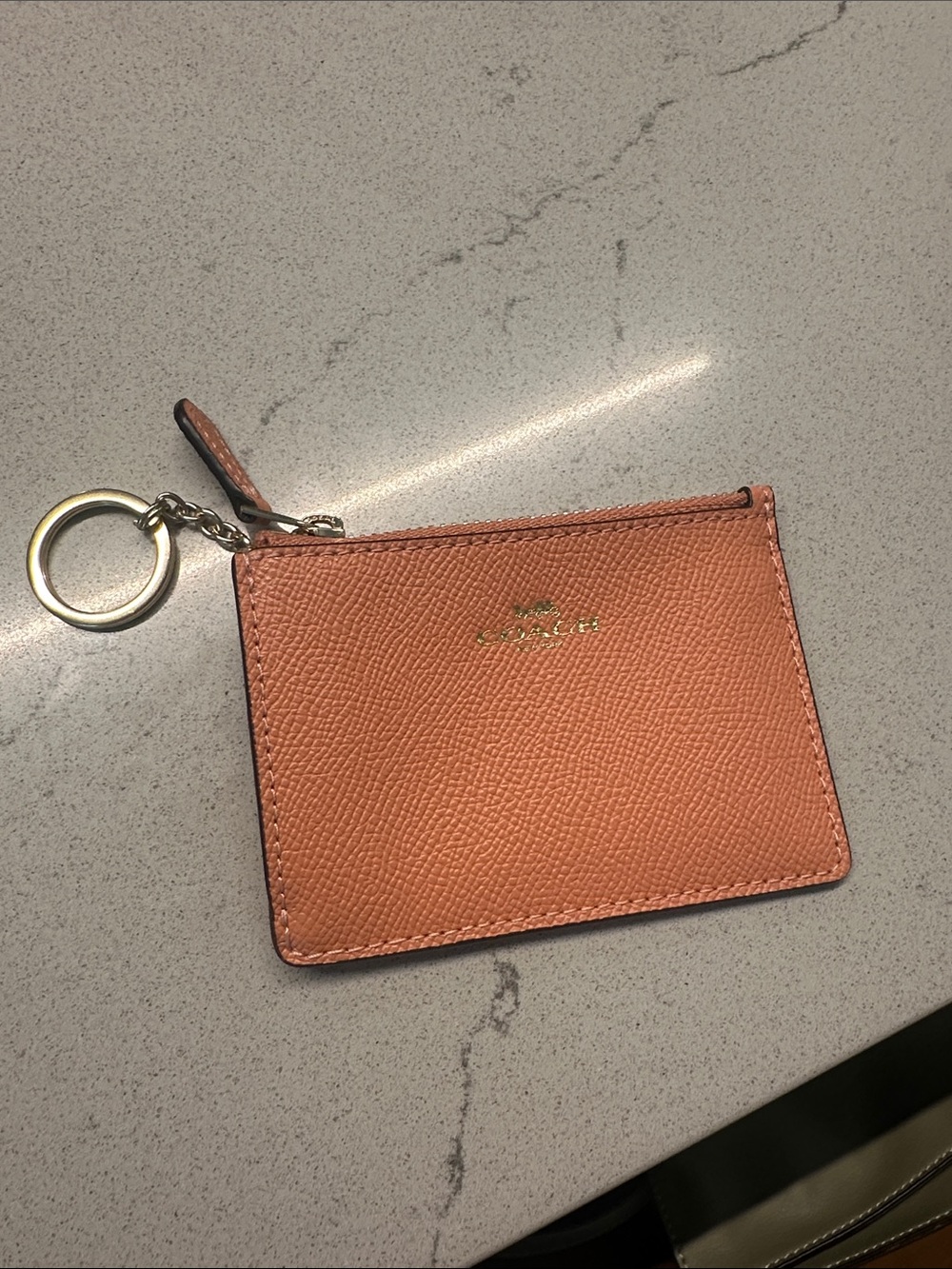 Coach Coral Pebbled Leather Key Card Case with Key Ring
